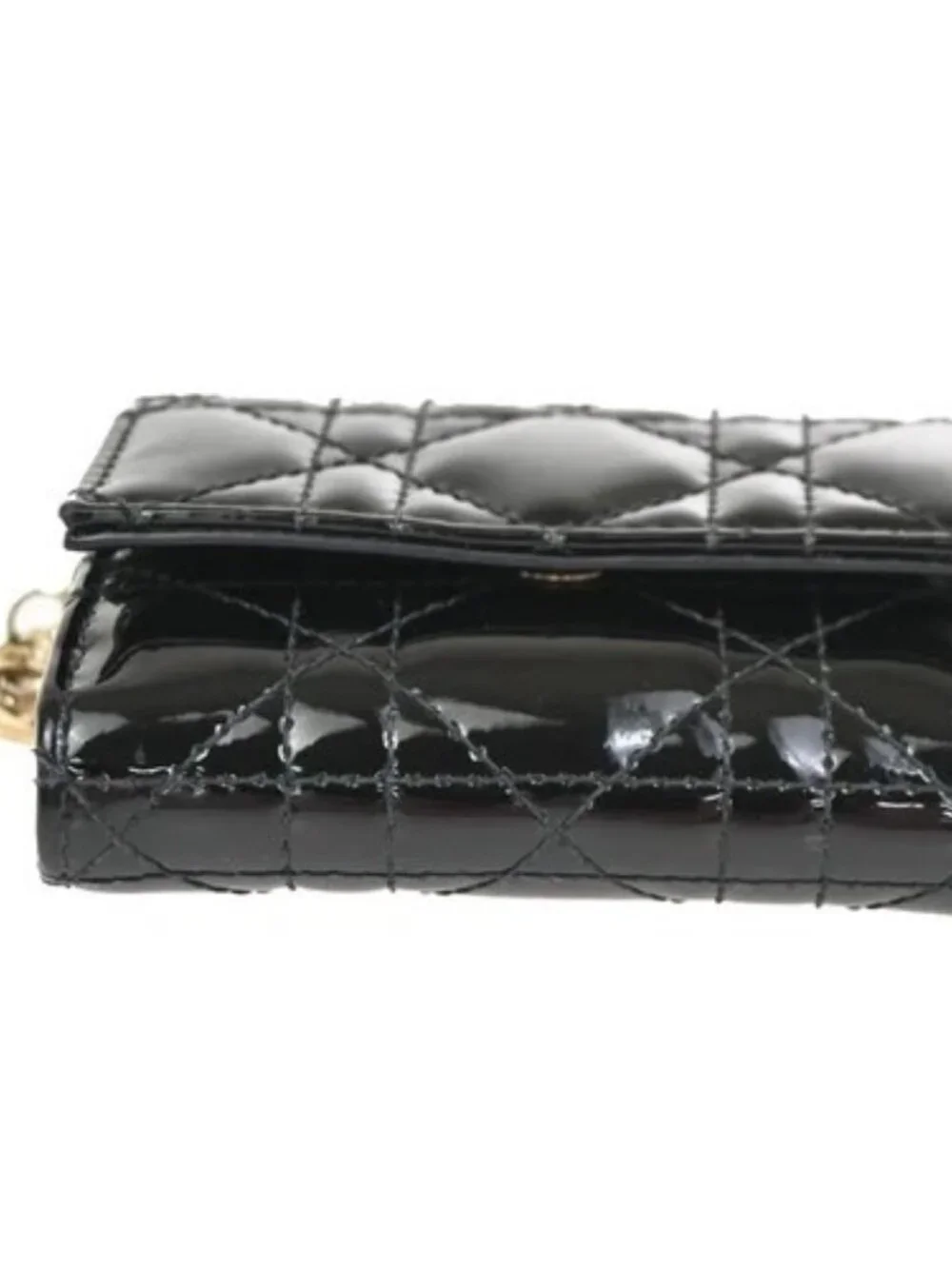CHRISTIAN DIOR Logo Cannage Trifold Compact Wallet Patent Leather Black 34KC613